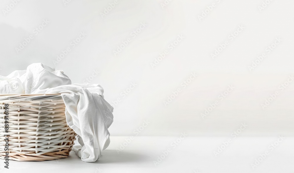 A wicker basket with freshly laundered linen isolated on a light background. Spring cleaning of the house. Laundry, dry cleaning, professional cleaning. horizontal banner , copy space. A wicker basket with freshly laundered linen isolated on a light background. Spring cleaning of the house. Laundry, dry cleaning, professional cleaning. horizontal banner , copy space.