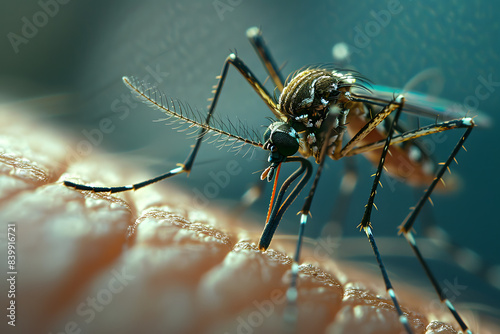 Detailed macro shot of a mosquito feeding on human skin, highlighting its intricate features and the texture of the skin