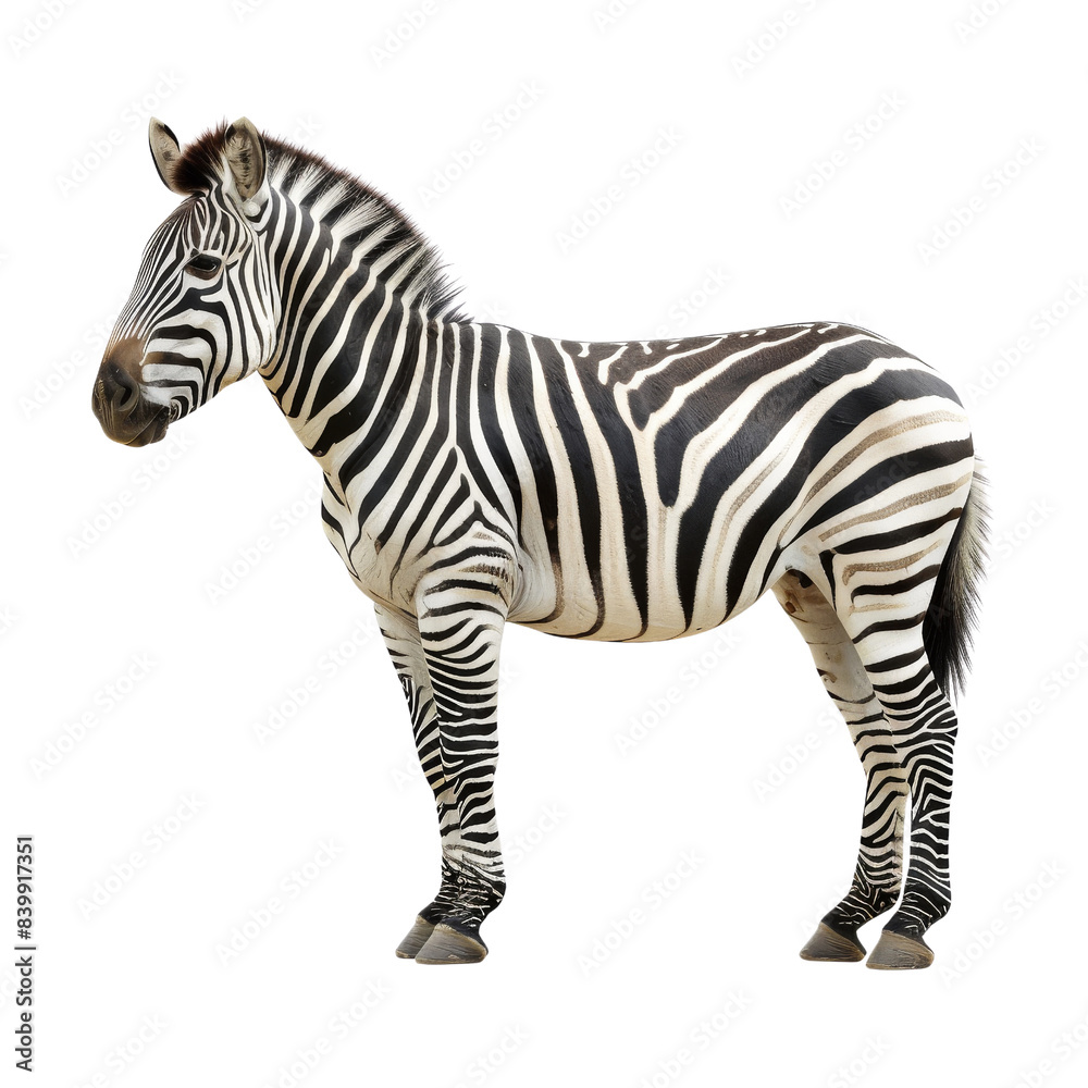 Fototapeta premium A stunning zebra in full profile displaying its unique black and white stripes on transparent background