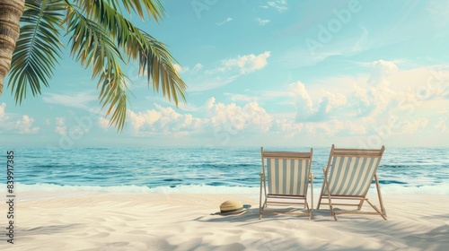 Two beach chairs with summer accessories on beautiful tropical sand beach. Summer travel concept background. 3D Rendering  3D Illustration