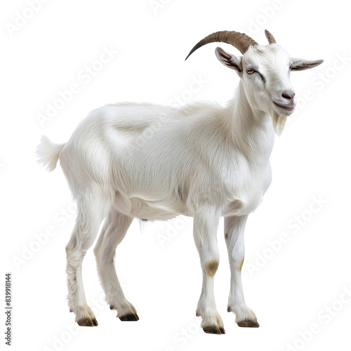 Majestic white goat standing confidently with prominent horns. High-quality image showcasing the beauty and grace of this farm animal.