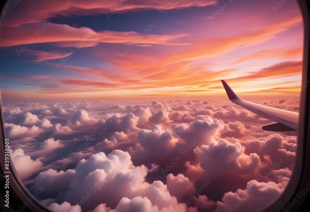 Awe-inspiring sunset sky in a kaleidoscope of fiery red, tangerine, and fuchsia, creating a breathtaking display over the billowing clouds, observed from the cabin of a commercial flight Awe-inspiring sunset sky in a kaleidoscope of fiery red, tangerine, and fuchsia, creating a breathtaking display over the billowing clouds, observed from the cabin of a commercial flight
