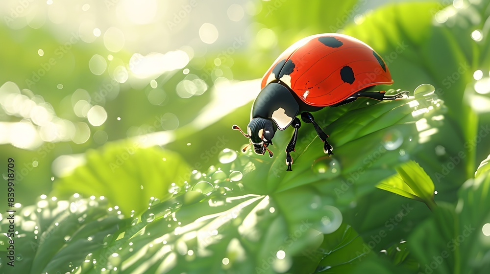A delightful anime drawing of a cheerful ladybug crawling along a bright green leaf, its vibrant red shell standing out against a clean white background, Generative AI A delightful anime drawing of a cheerful ladybug crawling along a bright green leaf, its vibrant red shell standing out against a clean white background, Generative AI