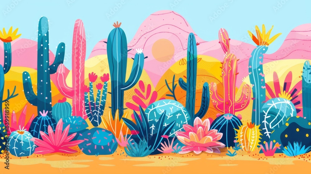 Obraz premium Beautiful minimalist landscape featuring cute cactus patterns and playful succulent designs, bright colors creating a vibrant background