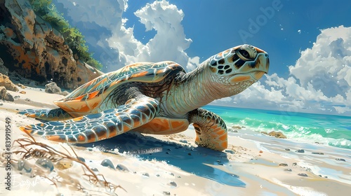 An endearing anime portrayal of a friendly turtle basking in the sun on a pristine white beach, its shell adorned with vibrant patterns, Generative AI photo