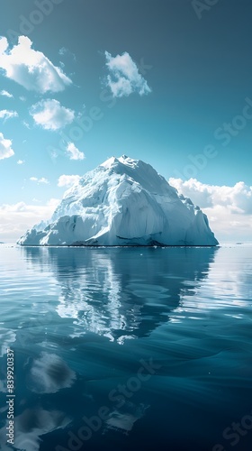 Majestic Iceberg Floating in Serene Arctic Lake with Snow Capped Mountain Backdrop