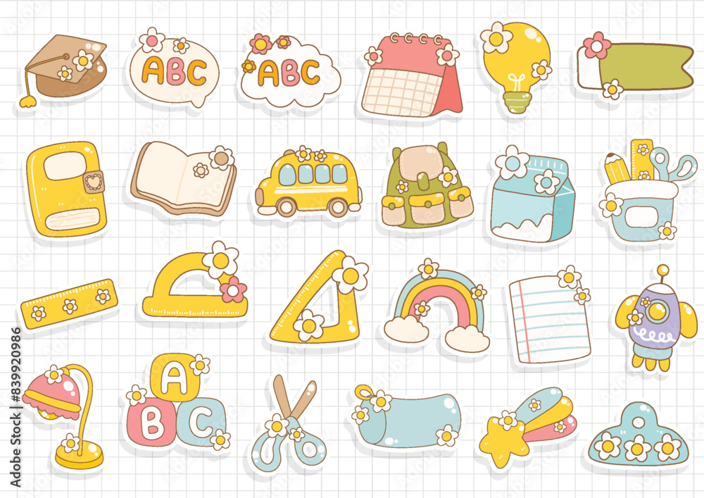Fototapeta premium Groovy Back to School,Cute Stationary Sticker. Vector illustration
