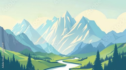 Majestic mountain range, with towering peaks, deep valleys, and a winding river below
