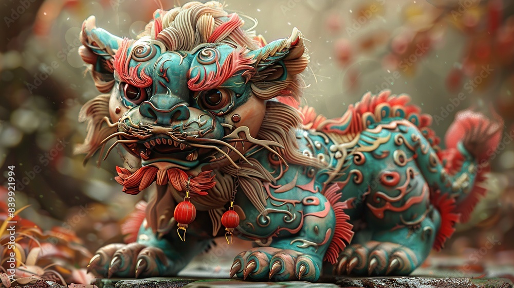 Fototapeta premium Cultural Marvel: Playful Child-Like Lion Illustration in Chinese Themed Splendor