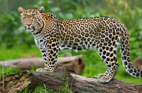 an Indian leopard standing on top of a tree trunk  in a side view