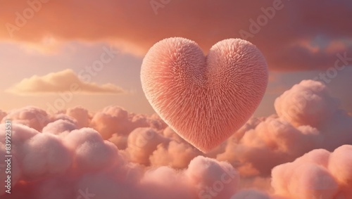 pink heart in the pink clouds. romance with a 3D render featuring a peach fuzzy heart over fluffy peach clouds.