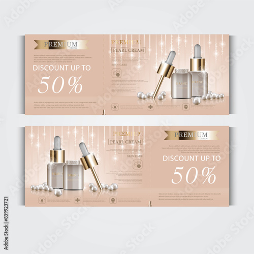 Gift voucher hydrating facial cream for annual sale or festival sale. gold cream mask bottle isolated on glitter particles background. Banner graceful cosmetic ads, illustration.