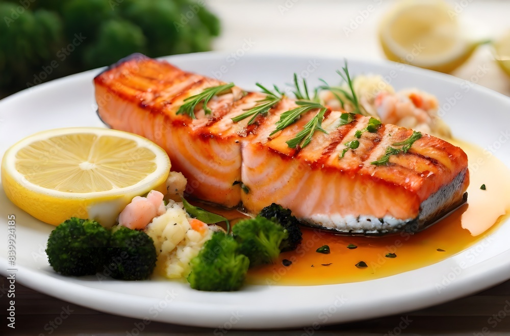 Delicious salmon grilled fish with vegetable close up food photography, fish meat steak with sauce healthy seafood in restaurant with white background. Delicious salmon grilled fish with vegetable close up food photography, fish meat steak with sauce healthy seafood in restaurant with white background.