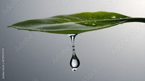 The drop briefly disappears beneath the liquid's surface, symbolizing the nurturing and growth of life. As it resurfaces, it forms a shape resembling a growing plant. photo