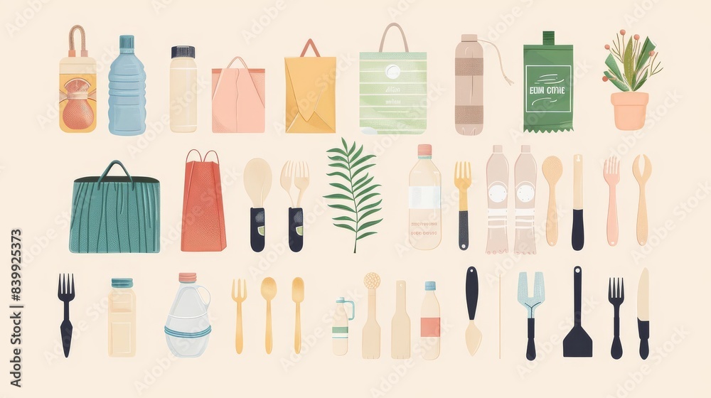 Collection of reusable and sustainable items for eco-friendly living. Collection of reusable and sustainable items for eco-friendly living.