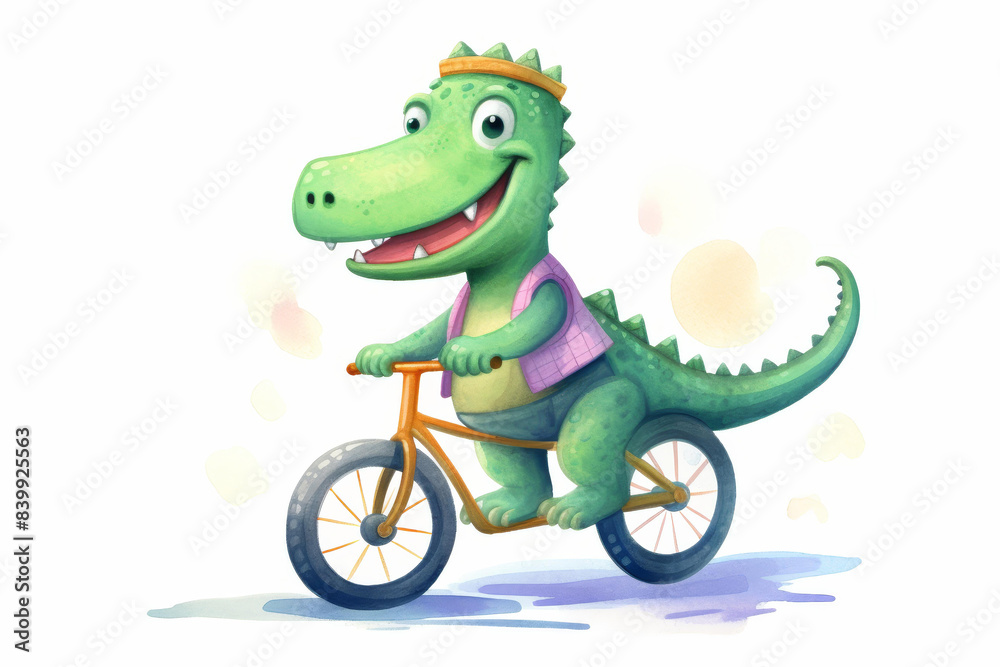 Fototapeta premium Cute watercolor illustration of an alligator riding a bike, perfect for childrens books and digital art projects.