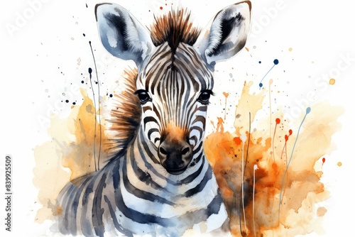 Vibrant watercolor portrait of a zebra in the African savanna, ideal for wallpapers, prints, and packaging.