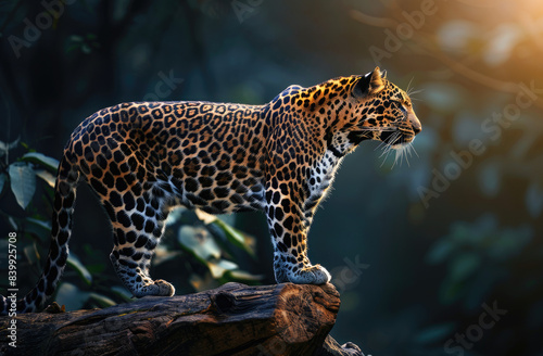 an Indian leopard standing on top of a tree trunk, in a side view