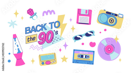 Classic 80s back to 90s elements in modern flat style. Hand drawn sticker set, vector illustration. Fashion patch, badge, emblem with vintage accessories.