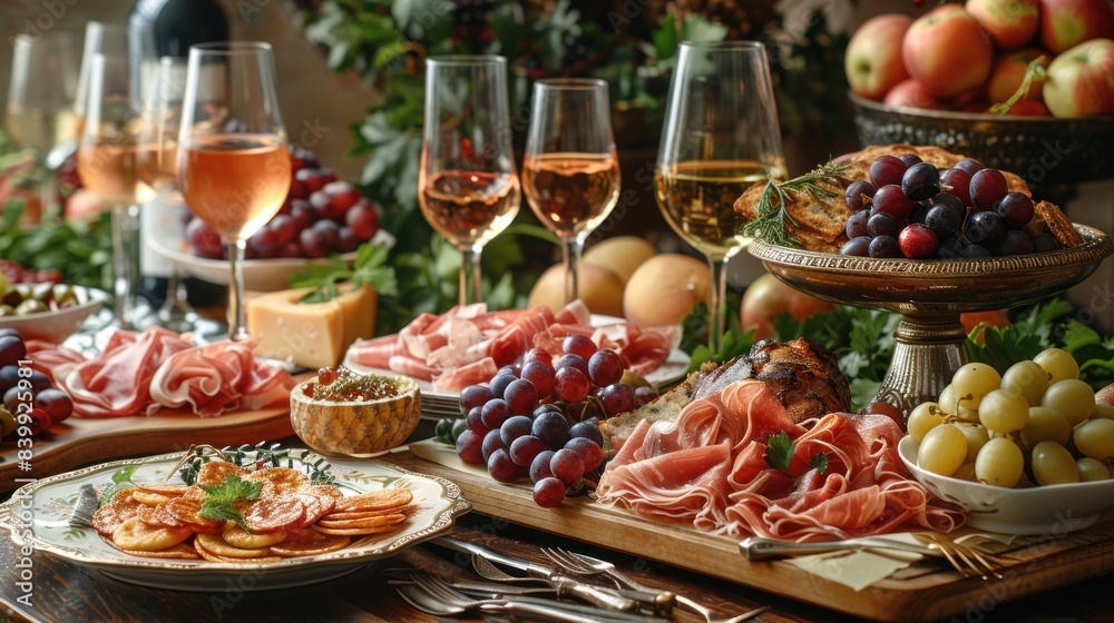 Fototapeta premium Served for holiday banquet restaurant table with dishes, snack, cutlery, wine and water glasses
