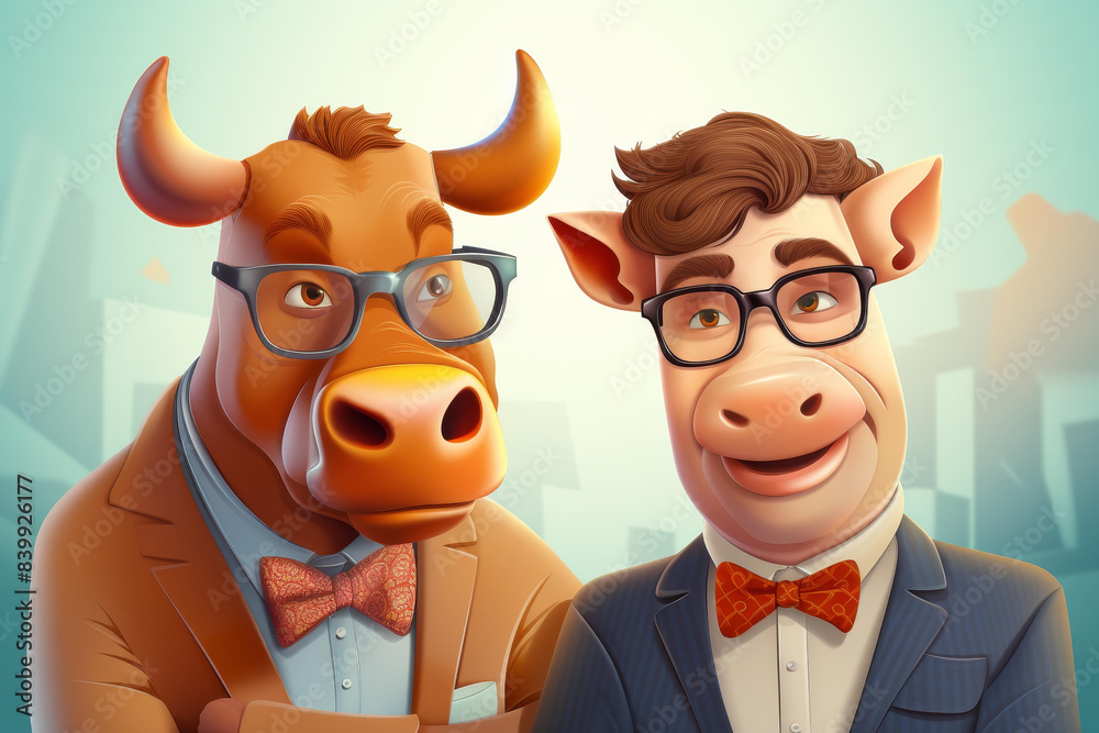 Engaging bull and bear cartoon characters representing the stock market and financial technology.