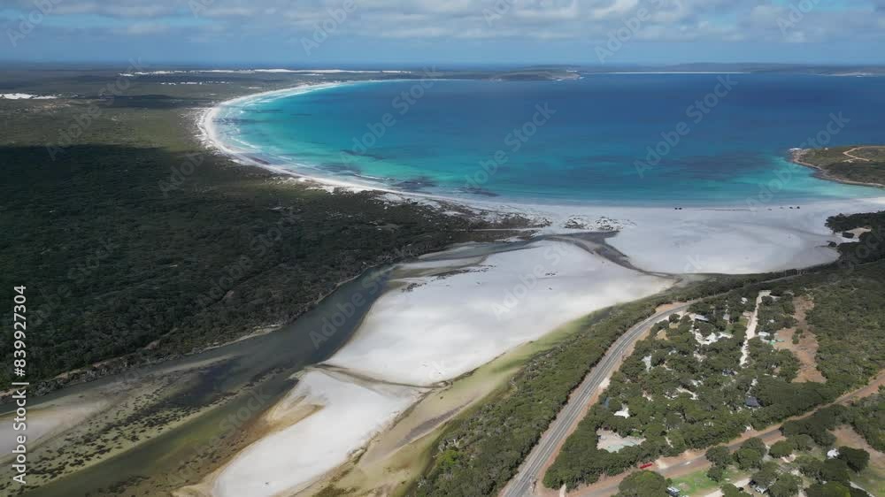 Aerial top down of Bremer beach with sand and river mouth in Australia. Clear water of ocean. Aerial top down of Bremer beach with sand and river mouth in Australia. Clear water of ocean.