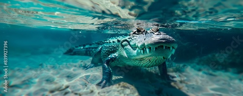 Saltwater Crocodile Lurking Below the Water s Surface Apex Predator in the Ocean and Marine Life Concept photo