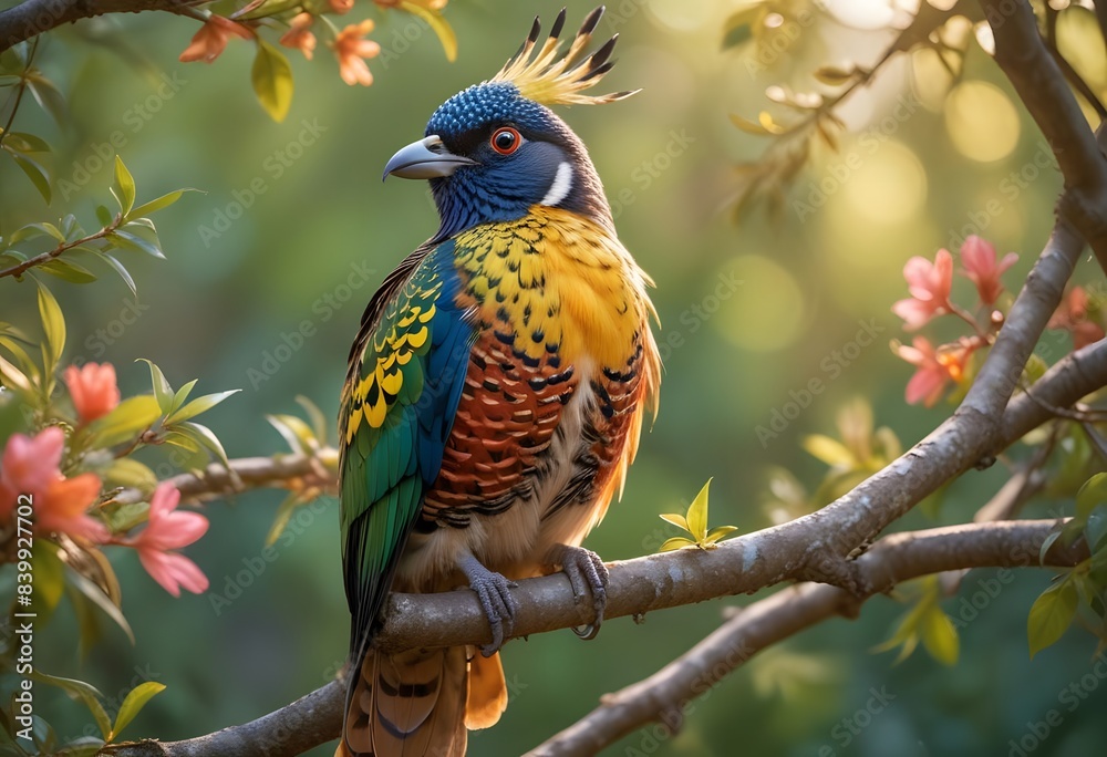 A stunning, eye-catching bird perched on a blossoming branch A stunning, eye-catching bird perched on a blossoming branch