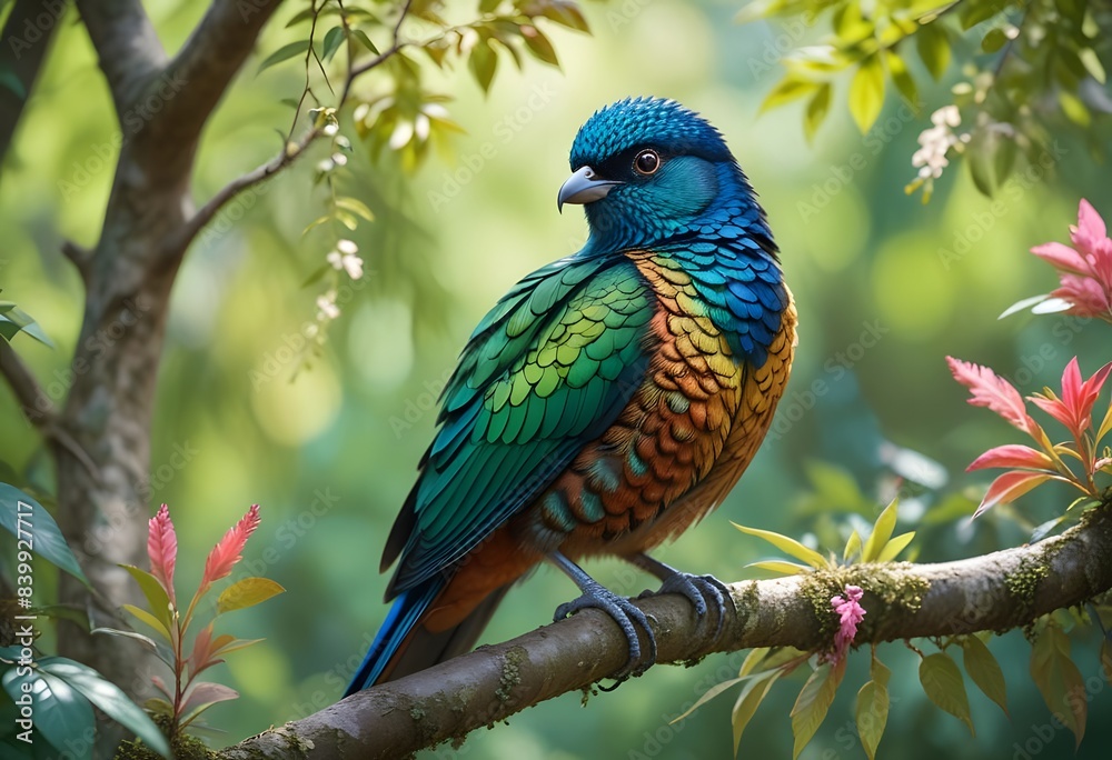 A stunning, eye-catching bird perched on a blossoming branch