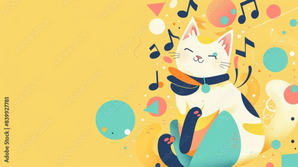 Naklejka premium Cute cartoon cat with music notes on yellow background