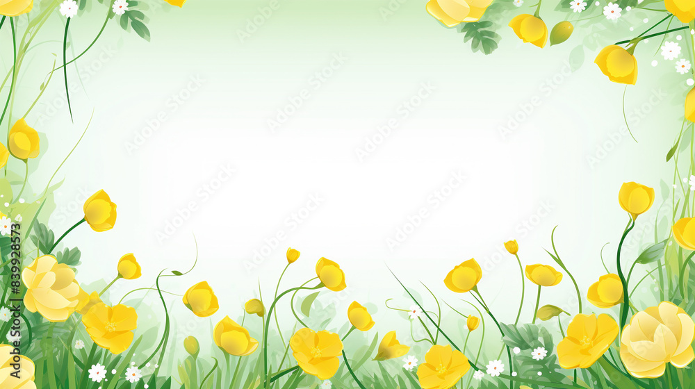 Beautiful yellow flowers frame with green leaves on a light background, perfect for spring and summer designs and invitations. Beautiful yellow flowers frame with green leaves on a light background, perfect for spring and summer designs and invitations.