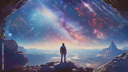 Silhouette of a man looking at the beauty of universe, stars, galaxy, milky way. Zoom in. Infinite universe. Edge of the world. Looking into the future. Power of imagination. Cinematic concept clip.
