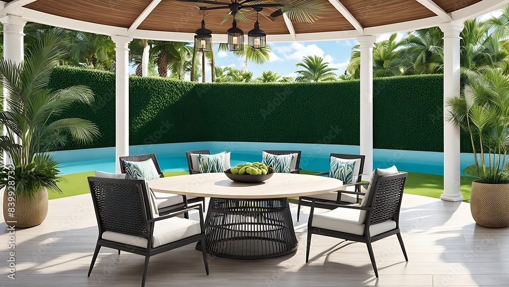 Fototapeta premium Terrace with outdoor furniture round table chairs gazebo and palm trees Exotic summer patio