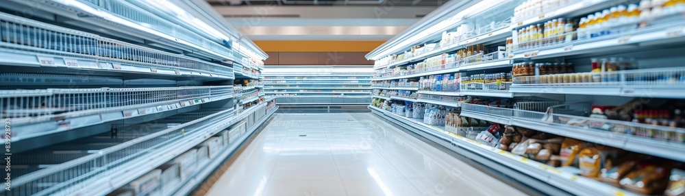 A very empty grocery store with a lot of empty shelves. There are no people in the store A very empty grocery store with a lot of empty shelves. There are no people in the store