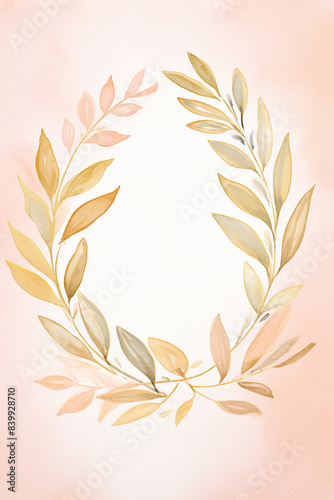 Wallpaper Mural Elegant watercolor wreath with pastel leaves on a soft pink background, perfect for invitations, cards, and nature-themed designs. Torontodigital.ca