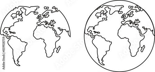 Set of black Earth with different sides, geography and cartography outline icons. Hemispheres and globes with world maps showing countries and continents with editable stock on transparent background.