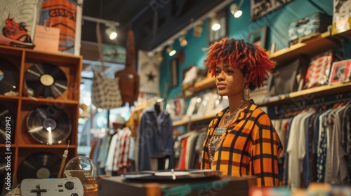 A young business owner with vibrant hair styles mannequins in a trendy clothing store, showcasing a collection of upcycled and vintage clothing pieces. A record player spins in the corner, creating a
