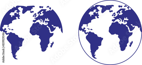Set of blue Earth with different sides, geography and cartography Fill icons. Hemispheres and globes with world maps showing countries and continents collection isolated on transparent background.
