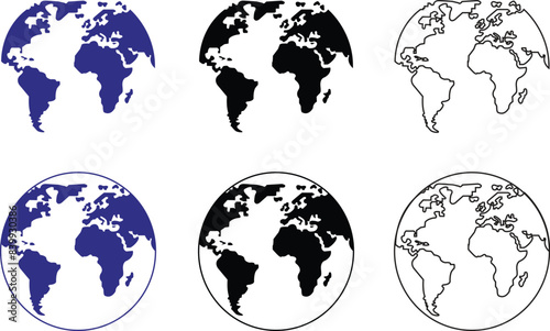 Set of black and blue Earth with different sides, geography and cartography icons. Hemispheres and globes with world maps showing countries and continent collection isolated on transparent background.