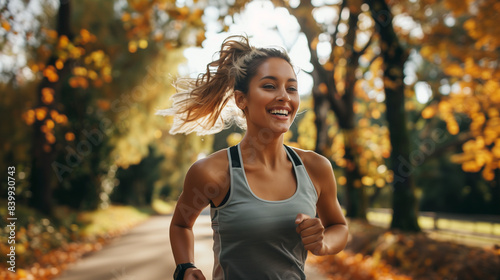 Portrait of smilling young woman running in the city park in the early morning. Fitness, sport city and healthy lifestyle concept. Young happy sportswoman jogging in nature. Generative AI.
