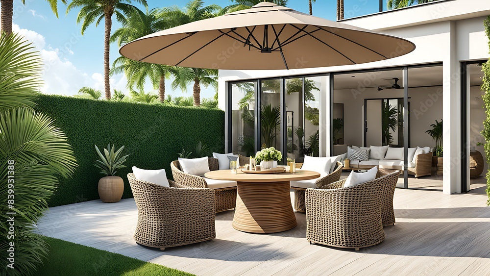 Fototapeta premium Terrace with outdoor furniture round table chairs gazebo and palm trees Exotic summer patio