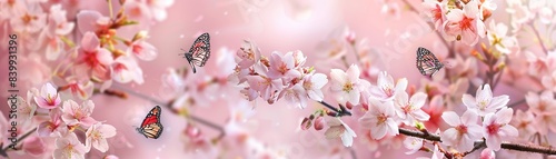 Elegant cherry blossoms with butterflies against a soft pink background, symbolizing spring. © Pirasut