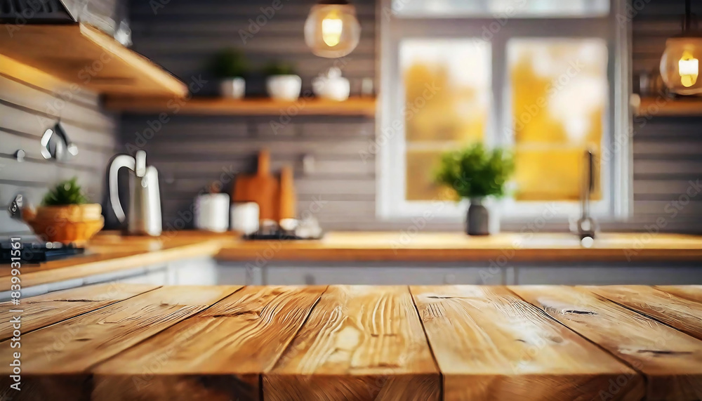 Empty Beautiful wood table top and blurred modern kitchen interior background in clean and bright, Ready for product montage