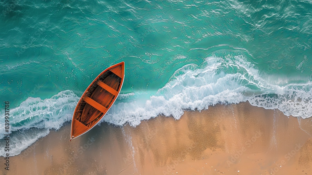 Fototapeta premium Wave and boat on the beach as a background. Beach and waves from top view. Turquoise water background from top view. Top view from drone. Travel - image