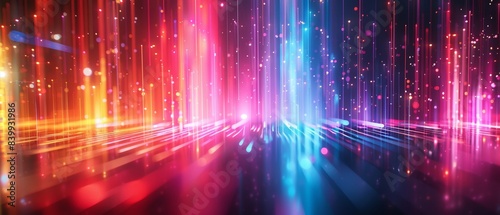 A vibrant digital abstract background with colorful gradient light rays and bokeh effect. High-tech, futuristic, and modern look.