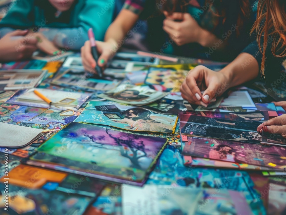 Group of people collaborating on an art project with colorful photographs and art supplies spread out on table. Group of people collaborating on an art project with colorful photographs and art supplies spread out on table.