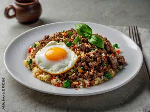 Delicious minced Beef with basil fried rice, fried egg, white plate, White background.