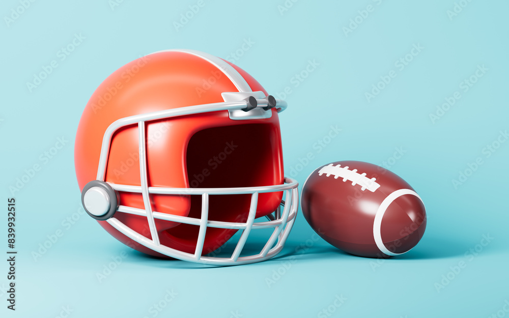 Naklejka premium Cartoon rugby football and protective helmet, 3d rendering.