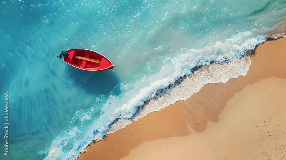 Fototapeta premium Wave and boat on the beach as a background. Beach and waves from top view. Turquoise water background from top view. Top view from drone. Travel - image