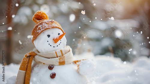 Smiling happy magic snowman in winter hat and scarf © Zoya